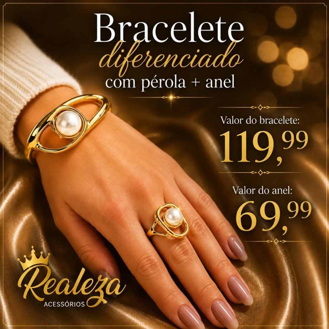 Bracelete diferenciado com pérola e anel — Realeza Acessórios